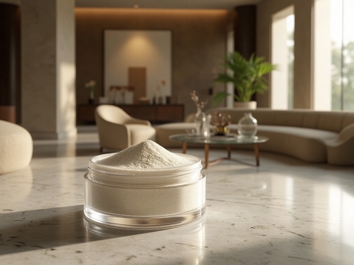 Mineral powder showcased in a luxurious hotel lobby with plush seating ...