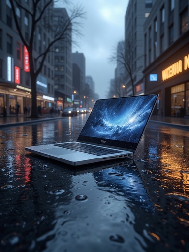 Laptop on a rainy city street with neon reflections and an overcast sky ...
