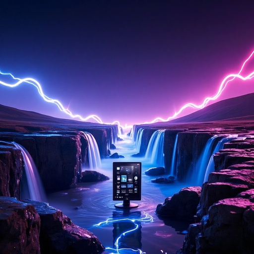 Vast landscape with neon waterfalls - 무료 다운로드 가능한 Surreal landscape