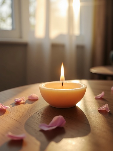 Tealight candle and flower petals on wooden table - 무료 다운로드 가능한 Indoor
